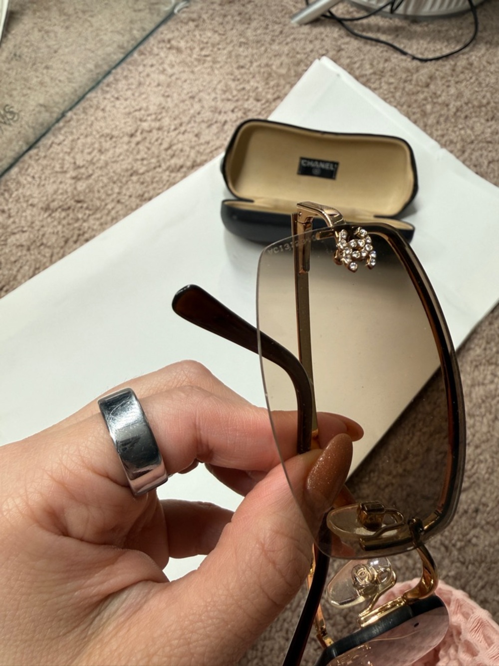 CHANEL Brown Rimless Rectangle Sunglasses with Gold Bridge - Picture 3 of 8